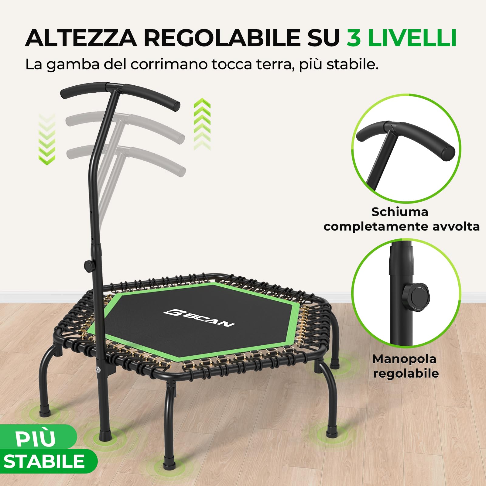Trampolino da interno BCAN Fitness, diametro Ø 102/122/130 cm, mini trampolino elastico/a molla, adatto per adulti fino a 204/250 kg, con maniglie regolabili, silenzioso e a basse vibrazioni