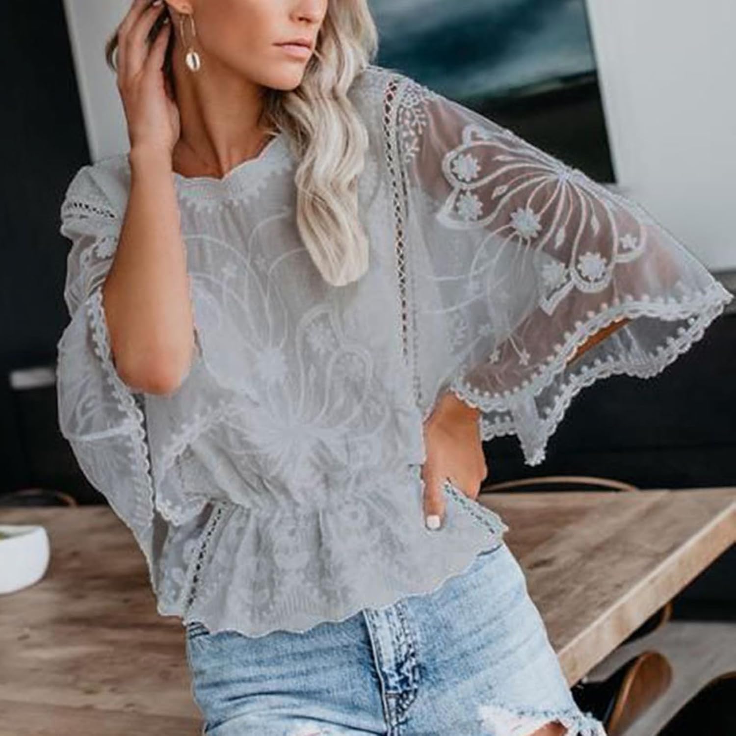 Loose Fit T Shirt for Women Summer Fall Long Short Elbow Length Sleeve Vneck Lace Chiffon Tops T Shirt Women 2026 - Image 2