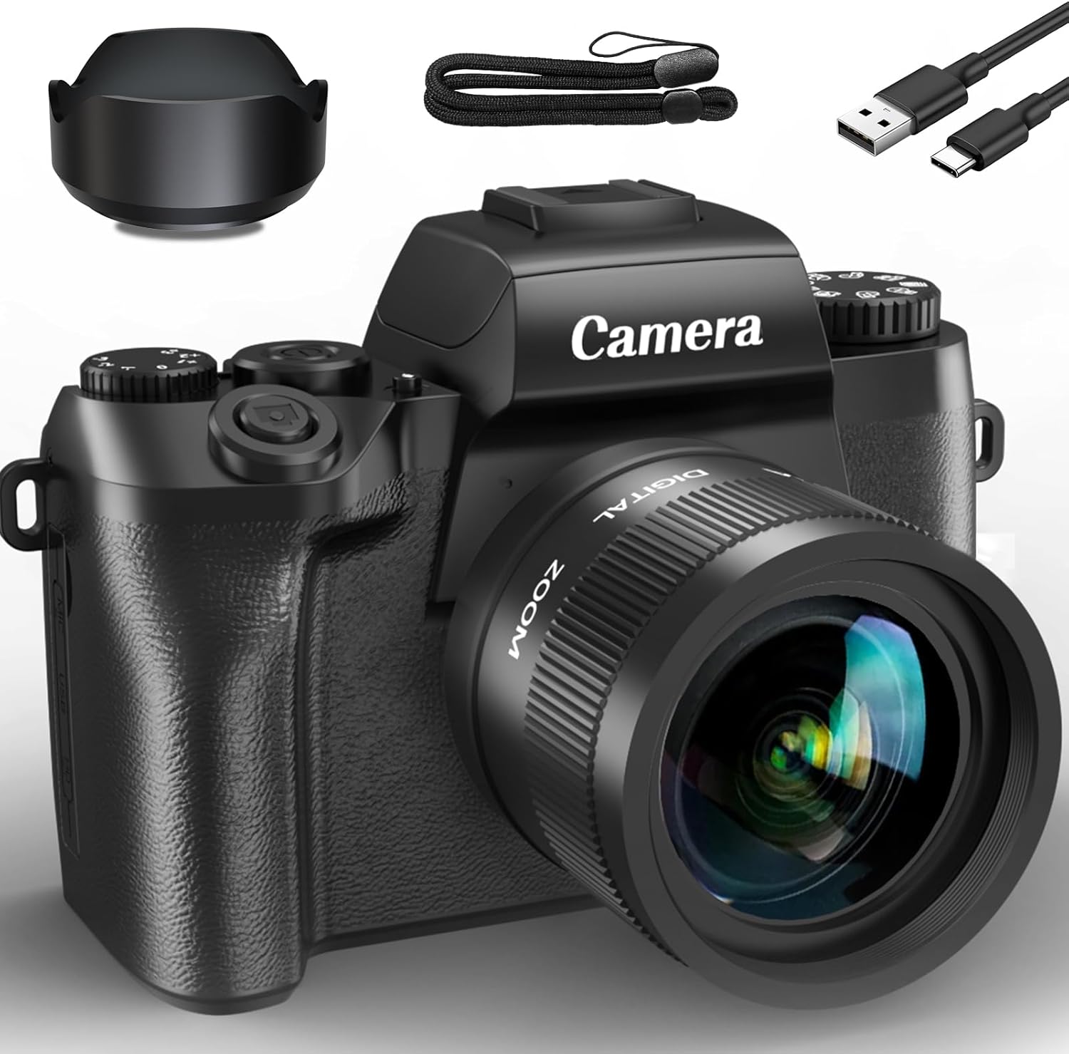 4K Digital Camera, Cameras for Photography, 64MP WiFi Touch Screen Vlogging Camera for YouTube with Flash, 32GB Card, Lens Hood, 3000mAH Battery, Front and Rear Cameras -(JJQQ-W05-4K-Black5)