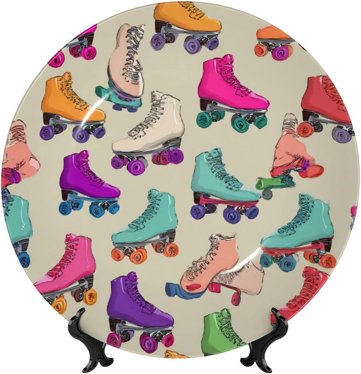 Bone China Decorative Plate with Display Retro Colorful Roller Skates Ceramic Plates Crafts Art Decor Dessert Plate Ceramic Ornament Porcelain Plates for Living Room Kitchen Table Home Decor