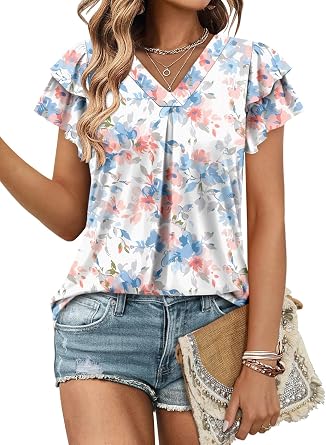 ONLYSHE Womens Floral Tunic Top Short Sleeve Shirts Loose Fit Summer Tops