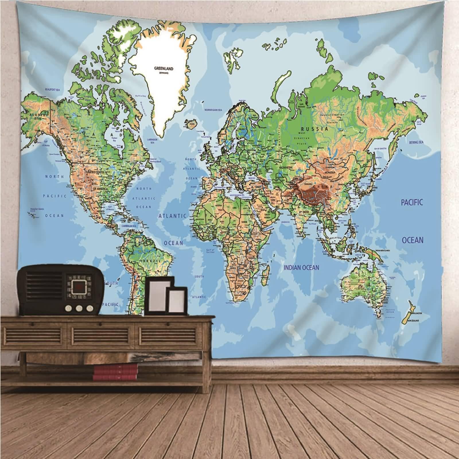 Gobelin do sypialni, do powieszenia na ścianie, niebiesko-zielony, mapa geograficzna świata, gobeliny do salonu, dekoracja domu, poliester, 350 x 256 cm