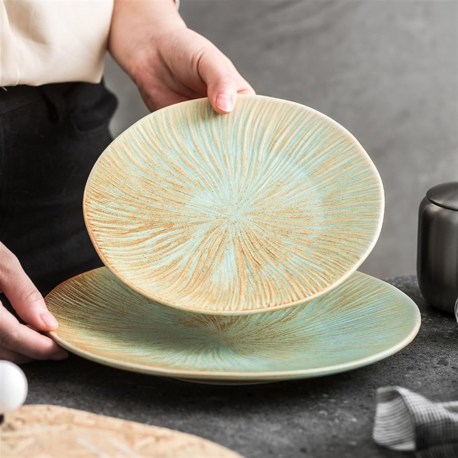 Assiettes de service Assiette à Steak Vintage en céramique verte de haute qualité, vaisselle d'hôtel, assiette à Steak de luxe légère européenne Assiette réutilisable (Size : 10 inch)