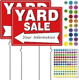 2-Pack Yard Sale Sign Kit with 4 Metal Stakes & 960 Removable Price Stickers – Double-Sided All-Weather Giant Fluorescent Yard Sale Sign for Garage Sale, Outdoor Estate