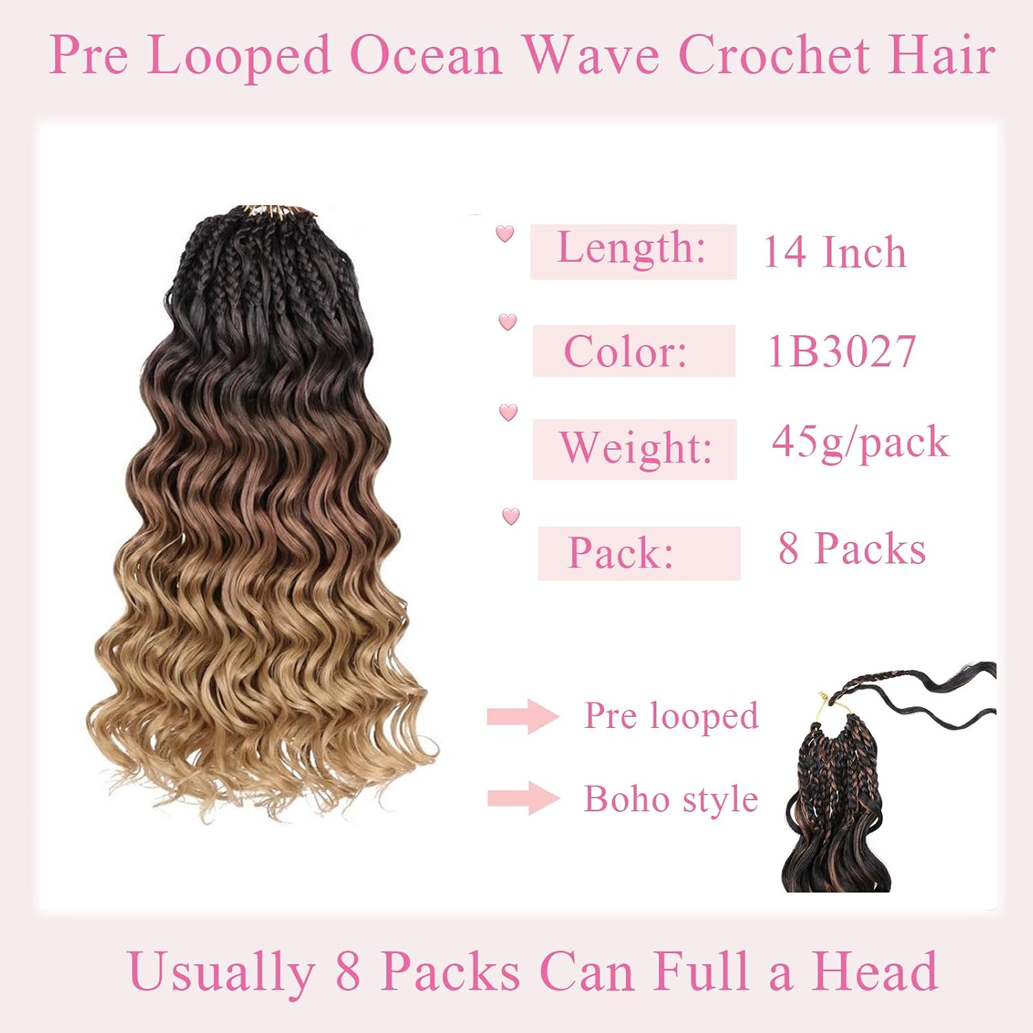 ZRQ 8 Packs Pre Looped Curly Crochet Hair 14 Inch Handmade Ombre Brown to Blonde Hair Goddess Crochet Braids Synthetic Boho Hair Extensions For Women 1B3027