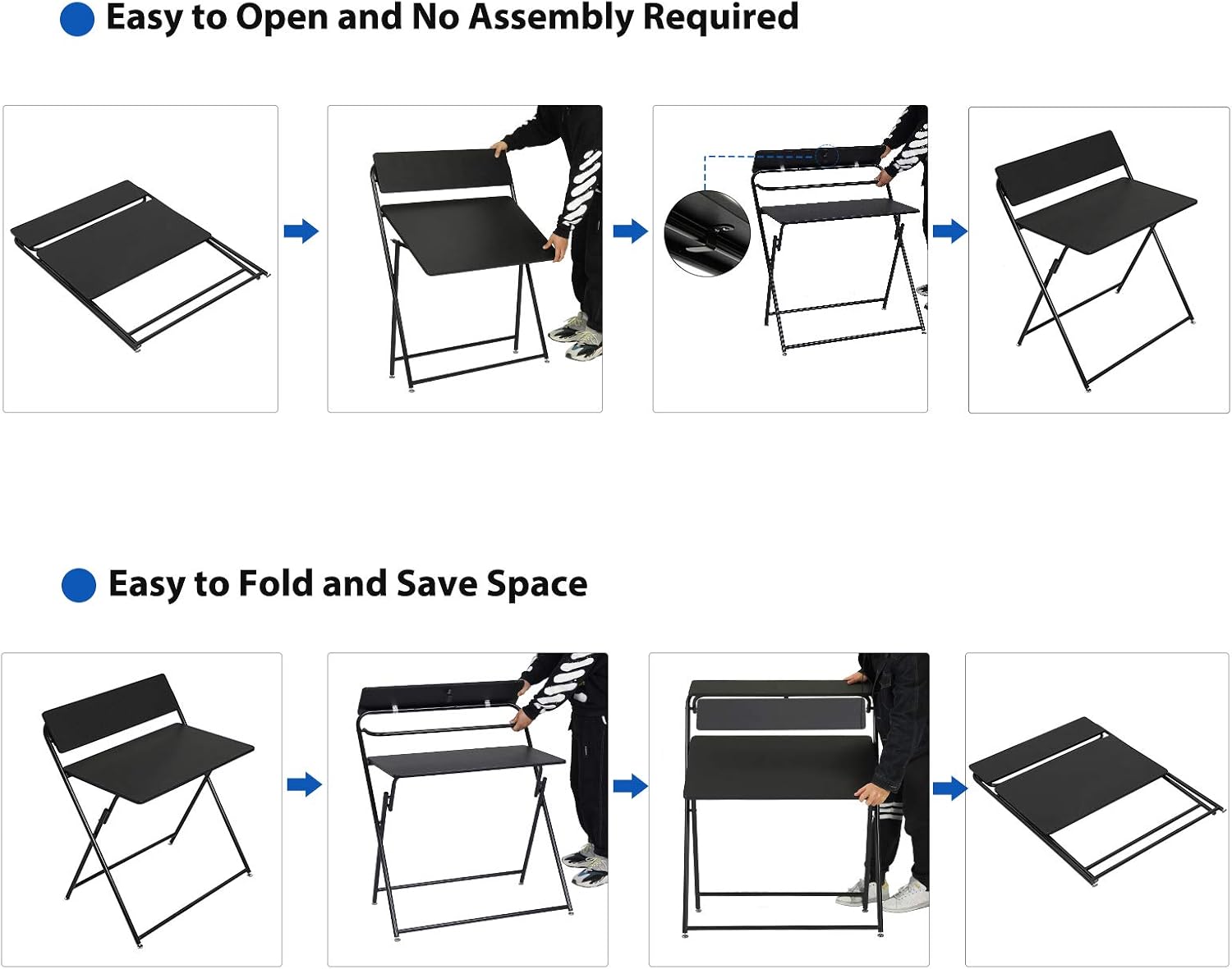 Itaar Portable Folding Computer Desk No-Assembly Required, Foldable Student Writing Desk with Shelves, Home Office Workstation Laptop Notebook PC Table for Small Space, Black