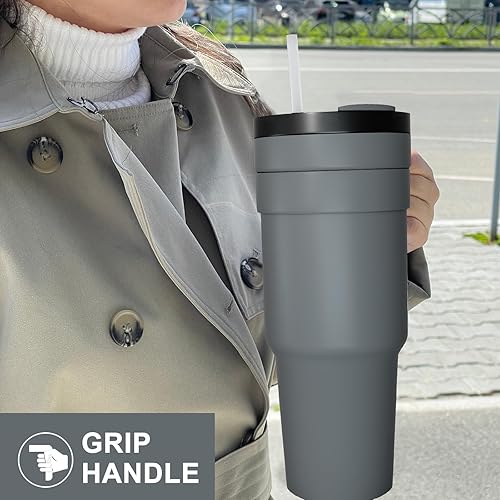 Miniatura 7 de Bloddream Vaso de 40 onzas con asa, tapa a prueba de fugas y popote  Taza de viaje de acero inoxidable aislada al vacío para agua, té helado o café,