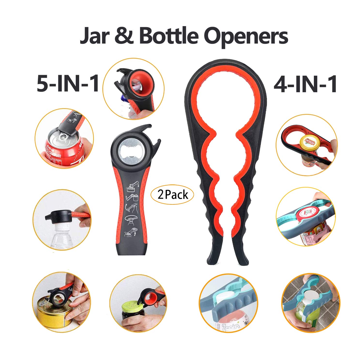 Lot 3 Ouvre-Bocaux 4en1 + 5en1 + Pince Silicone – Pour Mains Faibles Et Arthrite