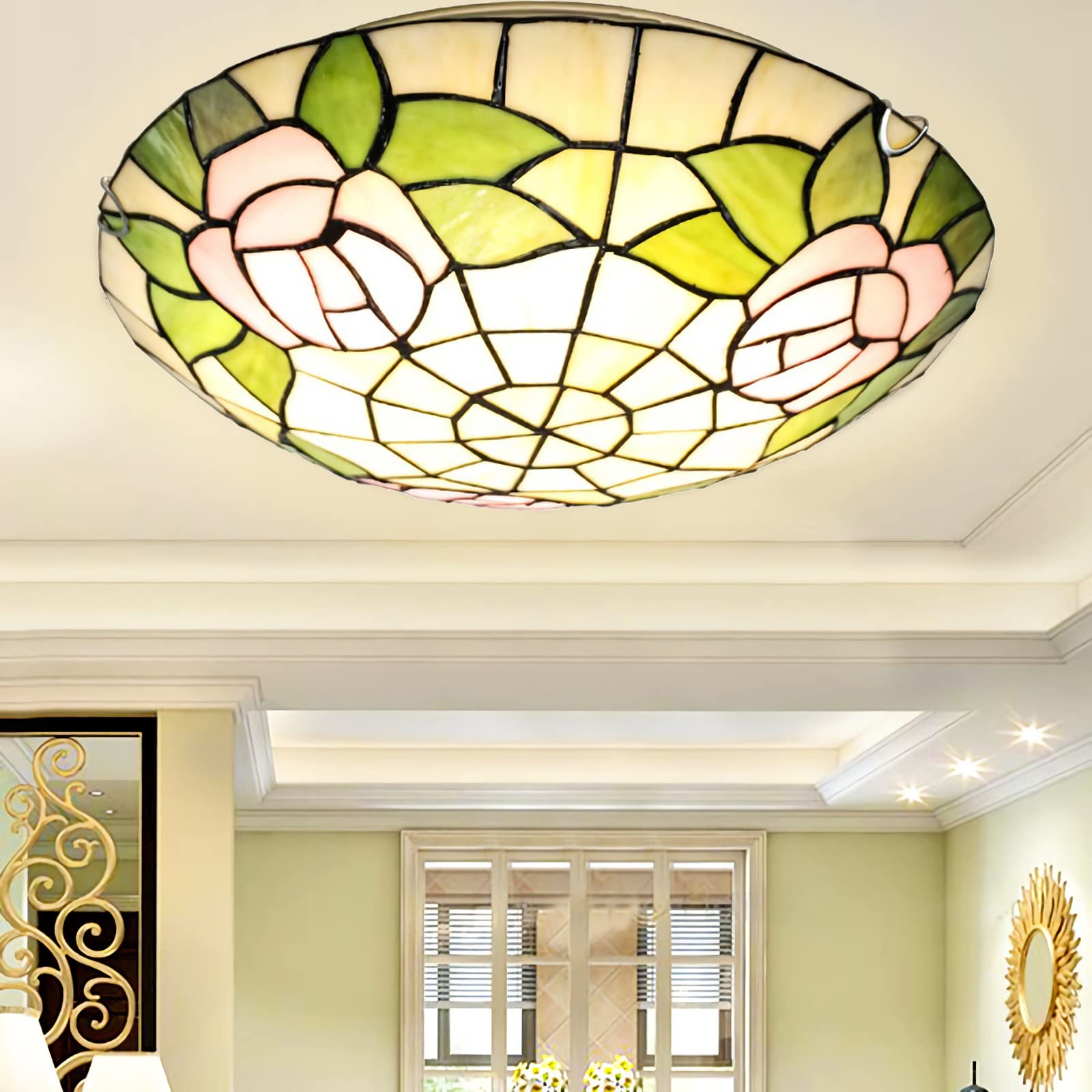 METTEOR Tiffany Style Led Ceiling Light Dimmable E27 Glass Fixture European Pastoral Chandelier For Living Room & Bedroom Elegant Home Lighting Deco (G 12 inch)