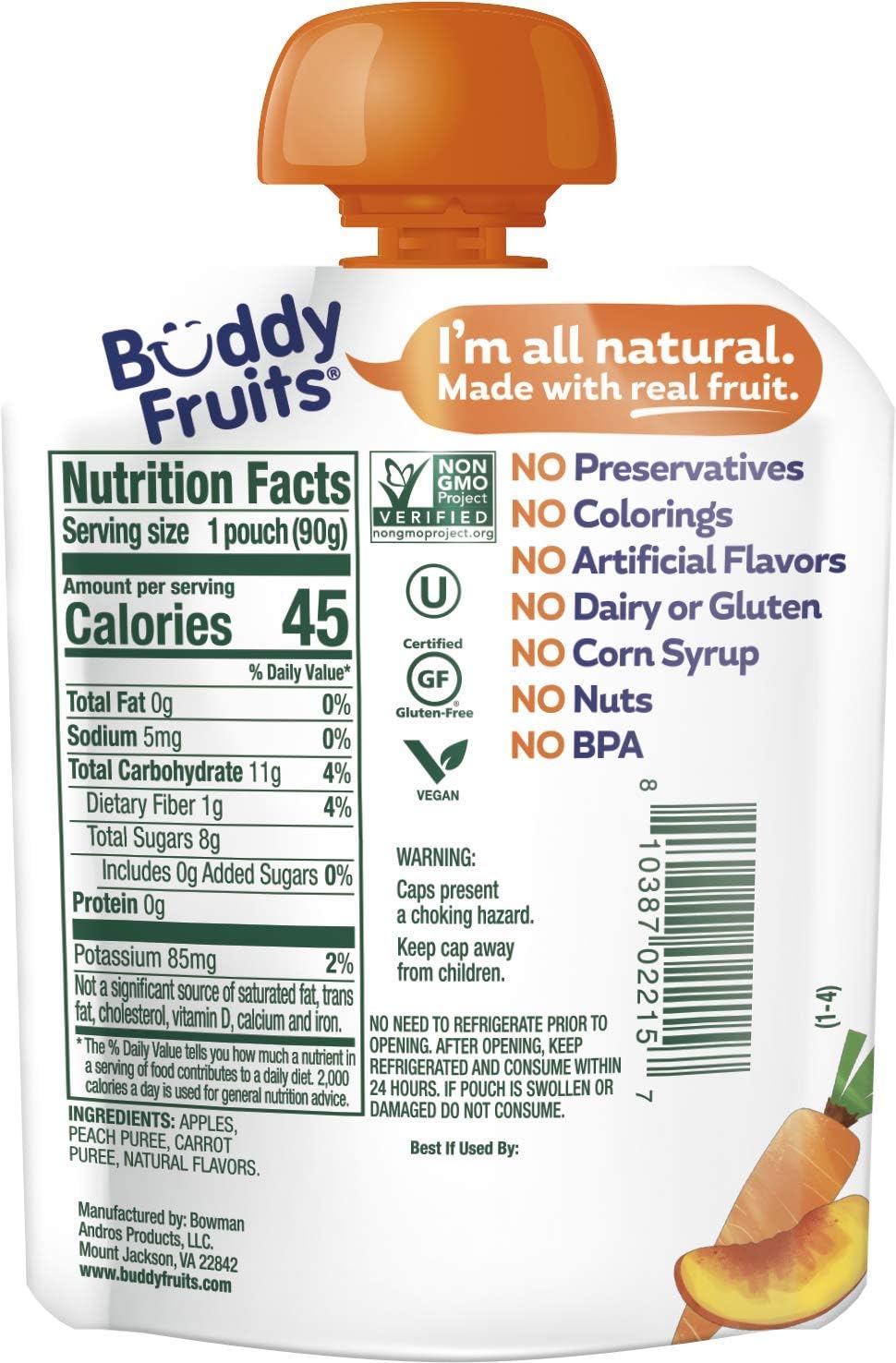 Buddy Fruits & Veggies Snacks To Go Peach Carrot Unsweetened Applesauce 3.2oz Pouch (18pk) Gluten-Nut-Dairy-Preservatives-BPA Free, Non GMO, Kosher