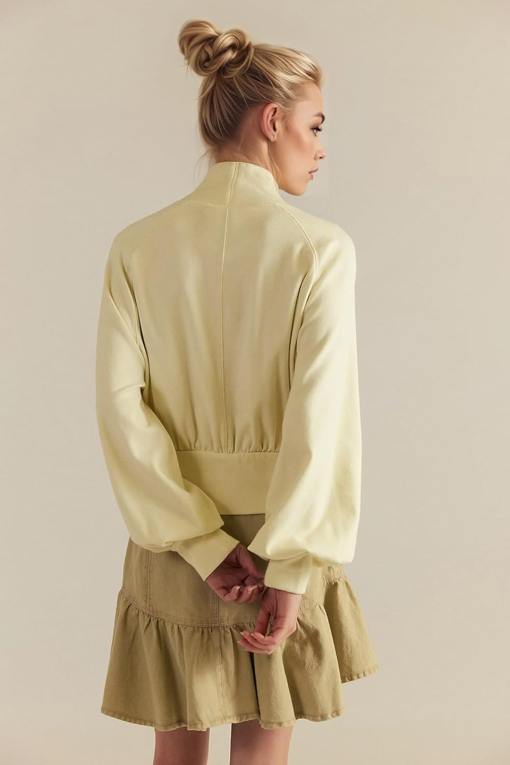 Ythomm Women Mock Turtleneck Crop Sweatshirt Long Balloon Sleeve Ruched Banded Bottom Pullover Blouson Top Shirt Fall Clothes - Image 3