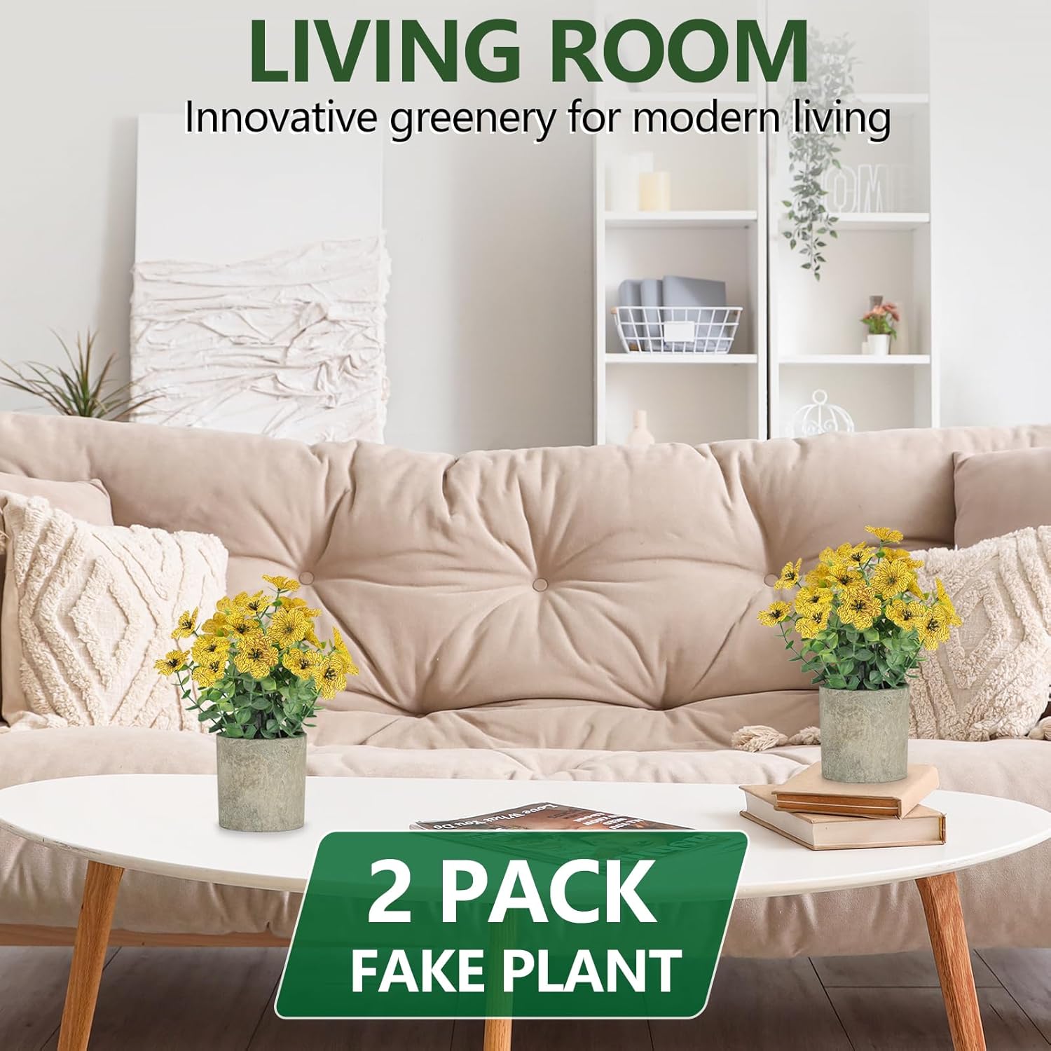 2 Pack Small Fake Plants Potted Artificial Plants Artificial Flowers Potted Faux Flower Daisy with Eucalyptus Leaves for Home Decor Office Room Farmhouse Indoor Table Bathroom Decor（Yellow） - Image 5