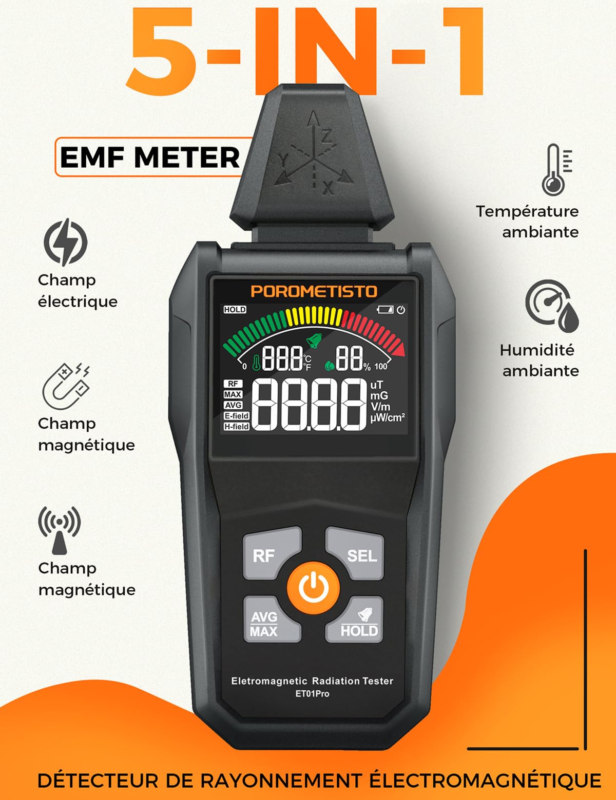 5-IN-1 Détecteur EMF POROMETISTO,avec Stockage des Données Et Batterie | Détecteur de Champ Électromagnétique Portable, Permettant la Mesure Simultanée des Données EF/MF/RF/Température/Humidité