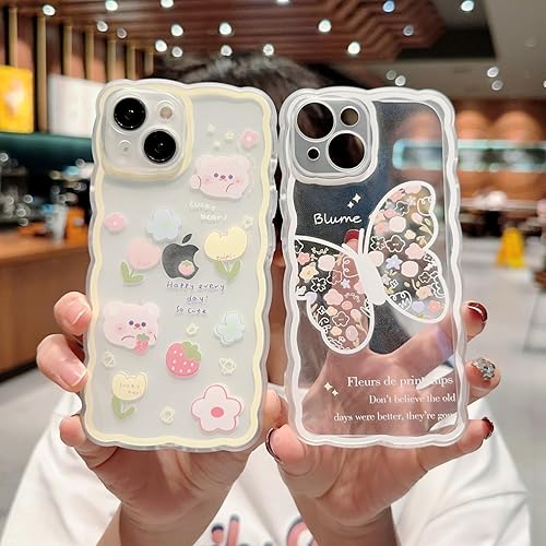 Miniatura 4 de Funda compatible con iPhone 15, bonito diseño floral de dibujos animados de oso y mariposa para mujeres y niñas, funda estética kawaii delgada y