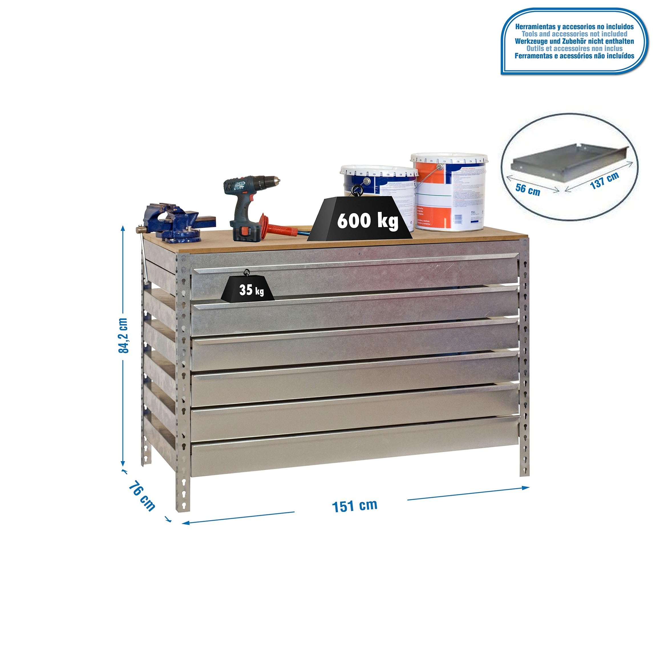 Simon Rack Banco de Trabajo Taller, Capacidad Carga 600 kg, 842x1510x760 mm, Mesa de Trabajo, 6 Cajones, Galva/Madera - BT5