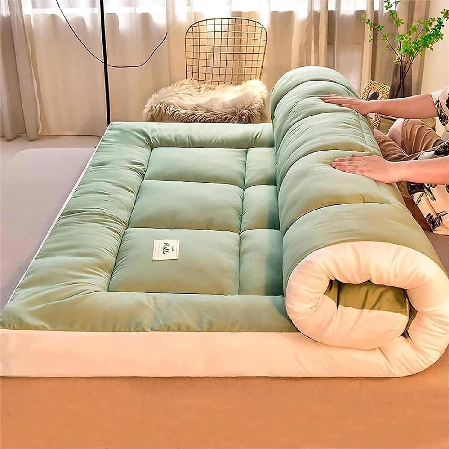 Matelas futon de Sol Japonais, Tapis Enroulable for lit futon for Un Sommeil Confortable, Matelas de Sol Pliable, Pleine Taille, très épais(Color:Green,Size:150x200cm)