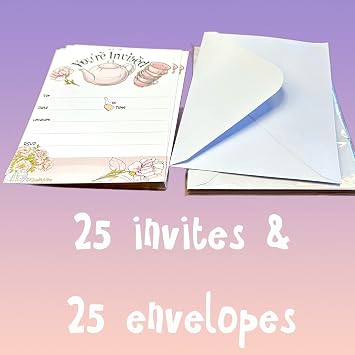 Tea Party Invitations, 25 Invites With Big Tea pot & flowers includes 25 envelopes for girl parties, engagement, bridal and baby shower or birthdays, High Tea. Thick and Quality Cards.
