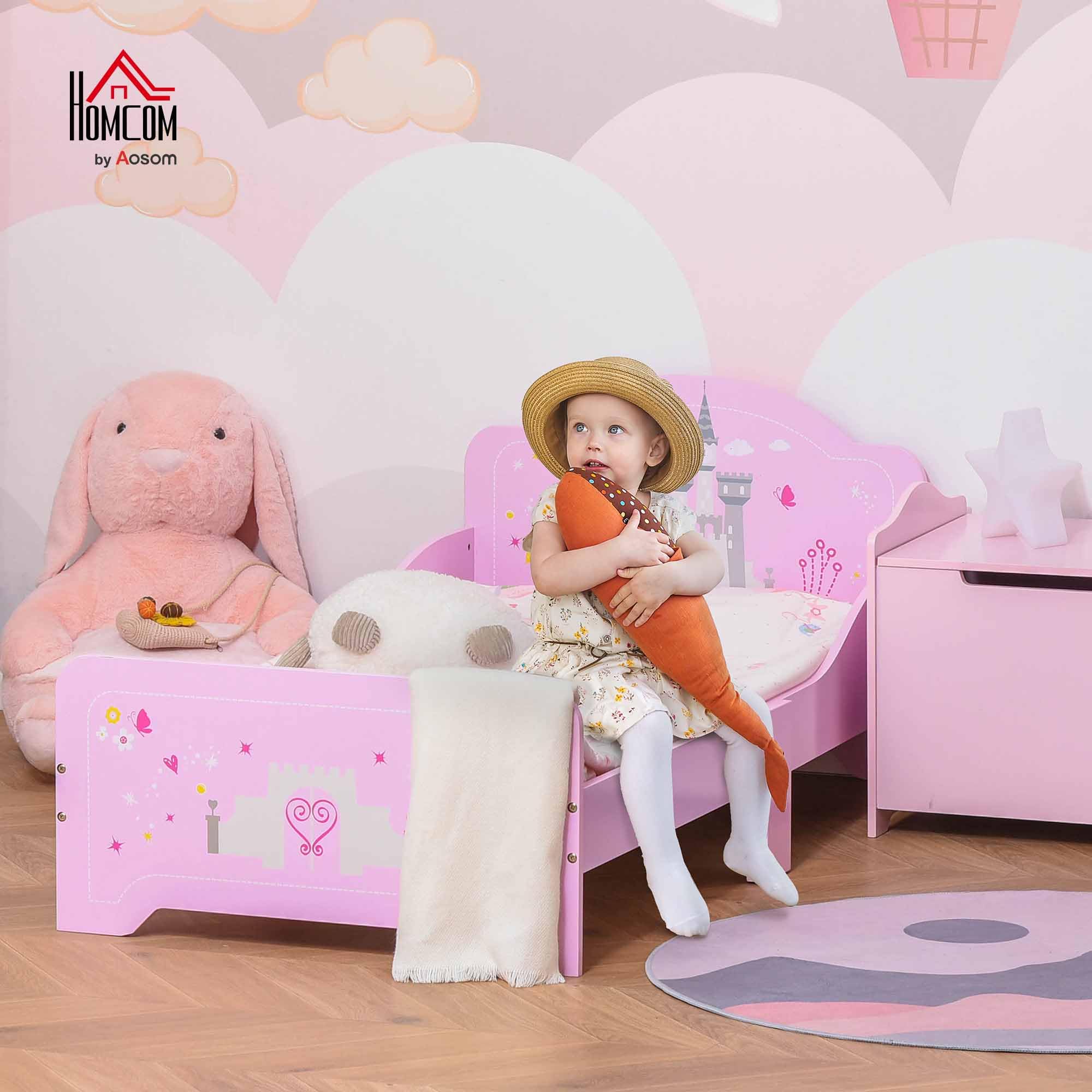 HOMCOM Kinderbett Mit Erhöhten Kanten - 143x73cm Rosa Schloss Design