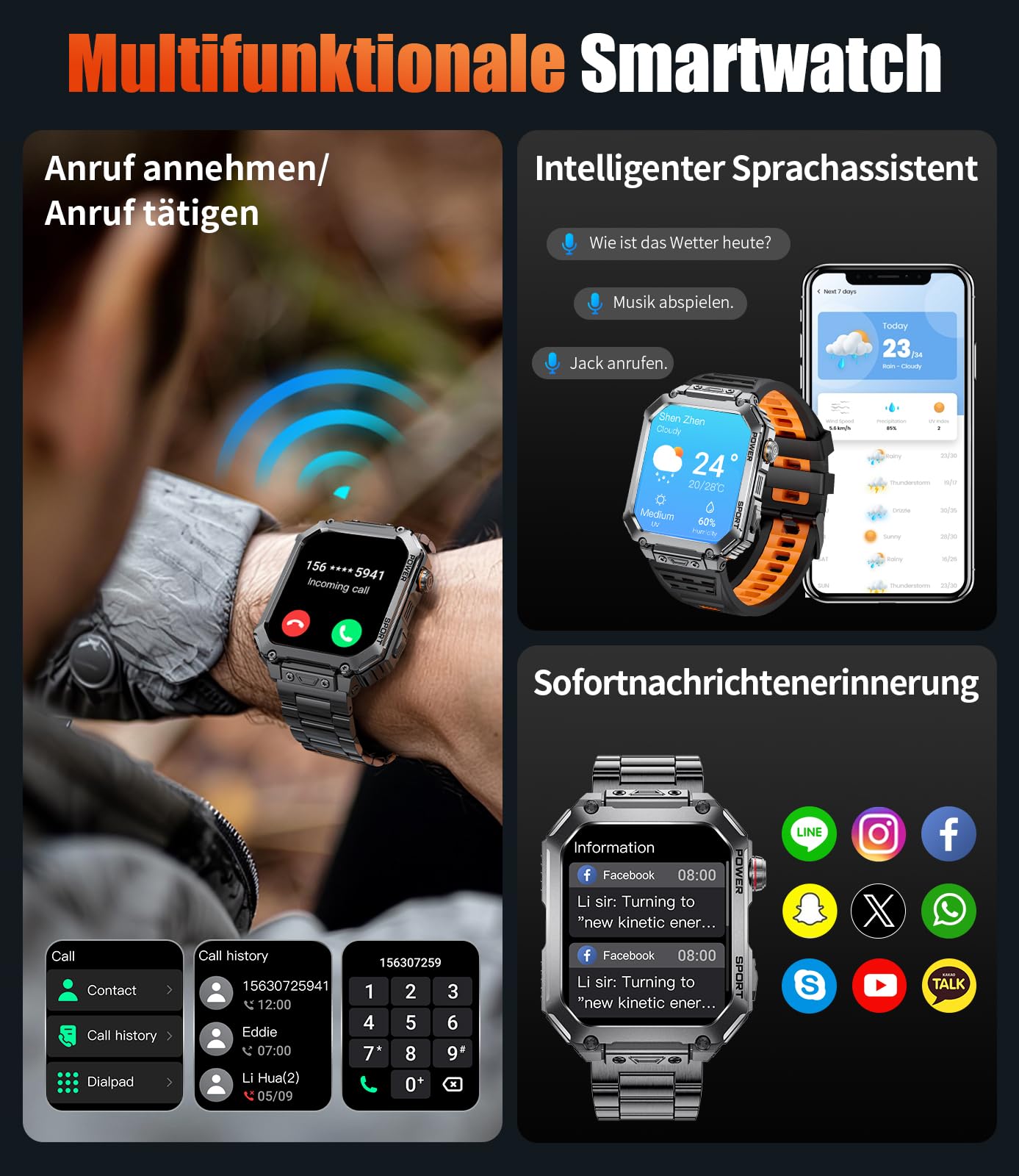 LIGE Smartwatch Herren mit großem 2,01" HD-Bildschirm, 3 Armbänder, Bluetooth-Anrufe, Herzfrequenz & SpO2-Messung, 120+ Sportmodi, IP68 wasserdicht Sportuhr iOS/Android, Schwarz