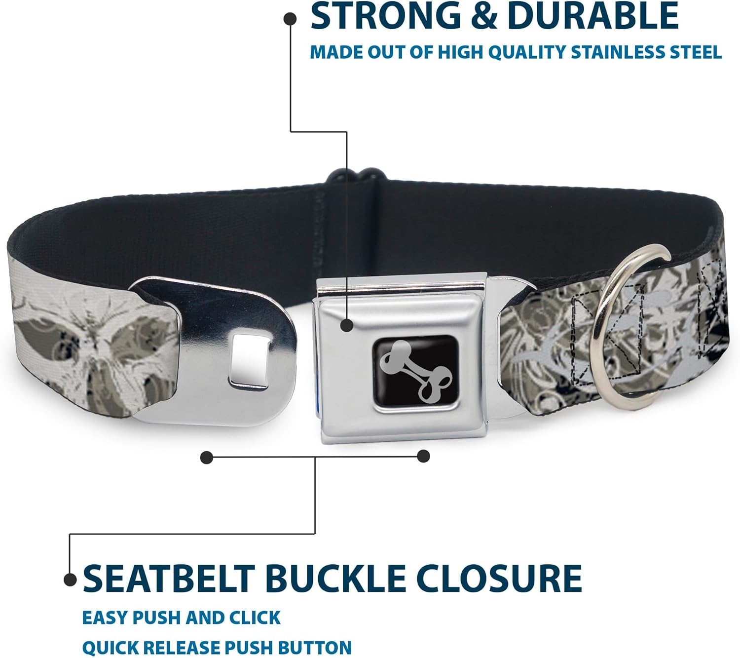 Dog Collar Seatbelt Buckle Gothic 1 15 to 26 Inches 1.0 Inch Wide