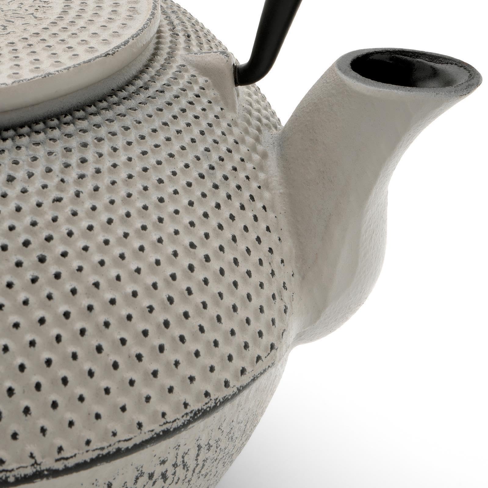 Bredemeijer Asia Teekanne Gusseisen Set 1.1 Liter - grauer Teekessel & Edelstahl-Filter-Einsatz für losen Tee & Teebecher (4 Tassen) & Stövchen (Teelicht)