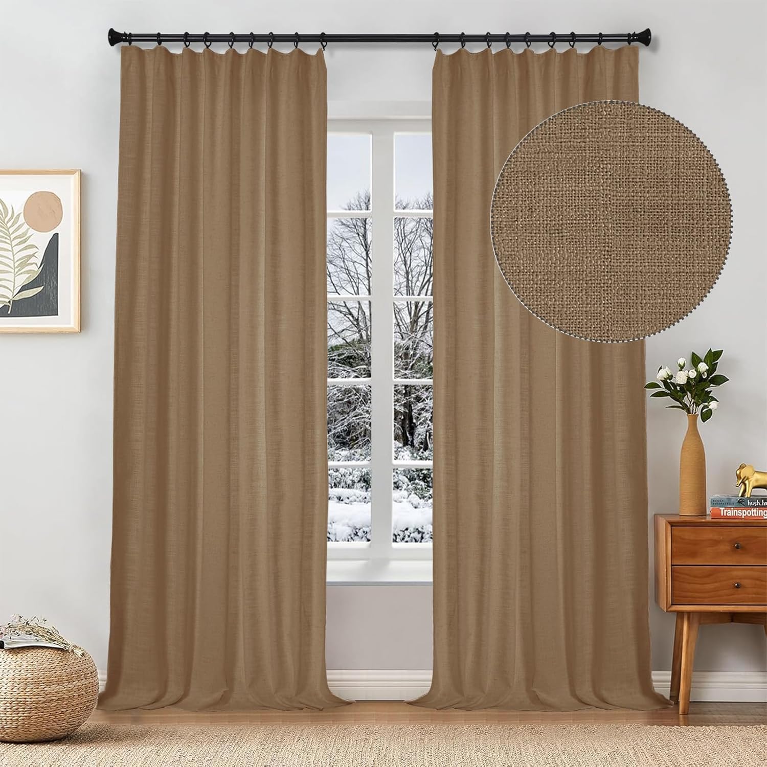 Linen Curtain, 90 Inches Long Solid Room Darkening Rod Pocket Single Curtain Panel, Birch (2 Panels, 50Wx90L)