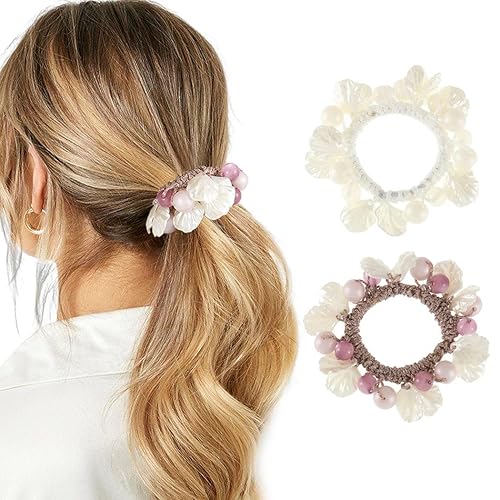 Brinie Lazos para el cabello de concha de color blanco bandas elásticas para el cabello de perlas soportes para cola de caballo anillos elásticos