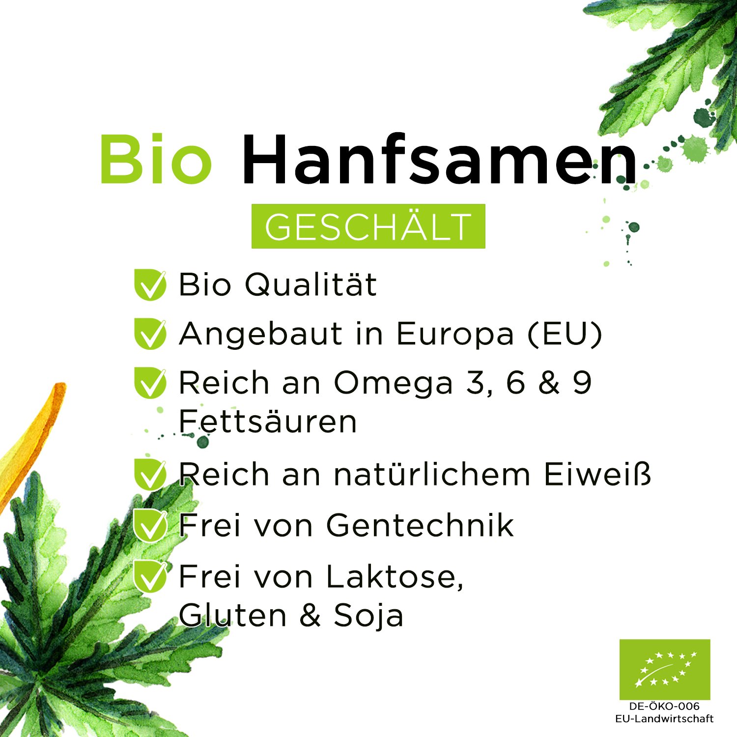 Bio Hanfsamen geschält 1000g aus Europa, reich an Omega-3-6-9 Fettsäuren, 32% Eiweiß, Rohkostqualität, Glutenfrei