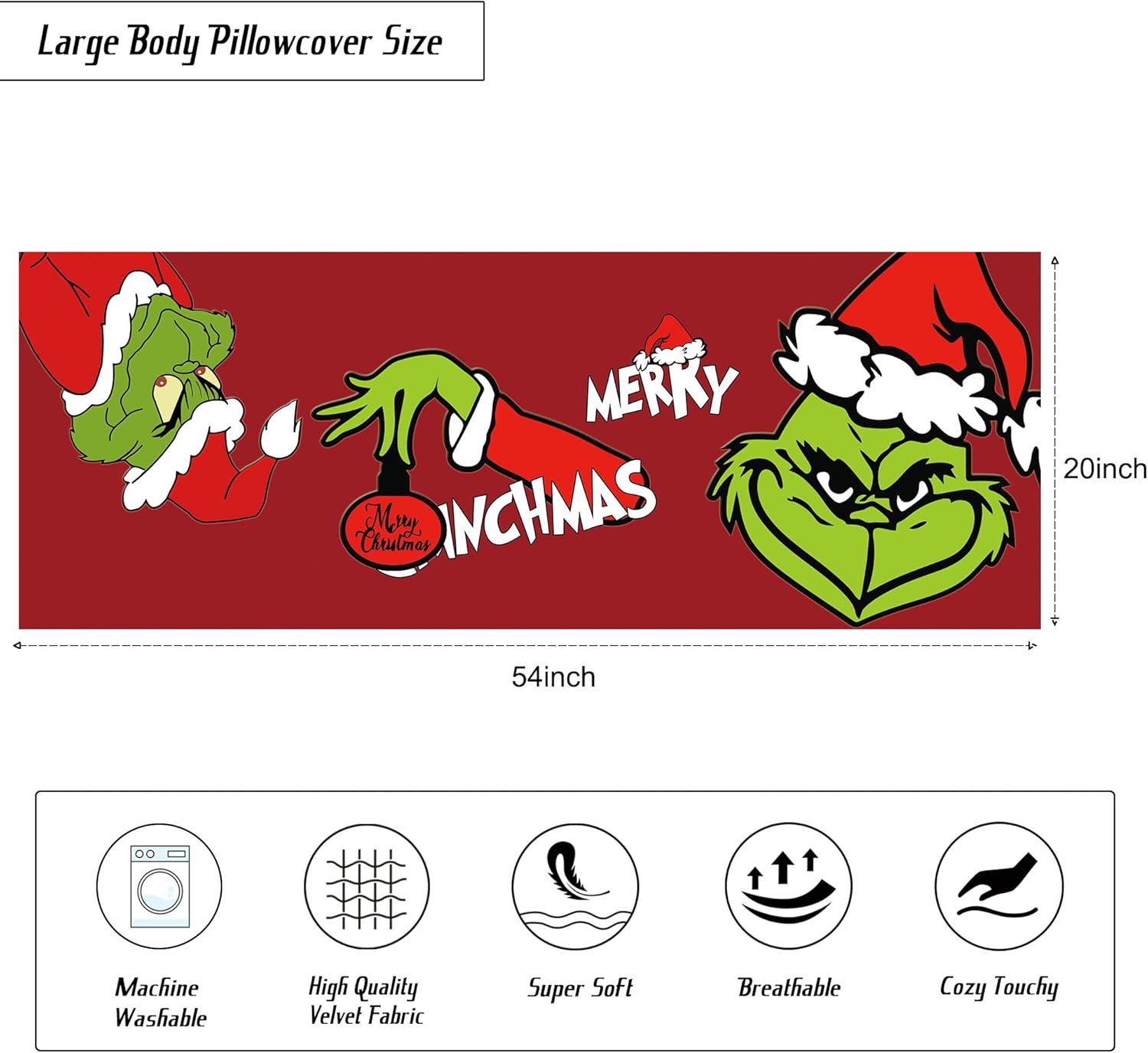 Christmas Body Pillowcase Xmas Holiday Red Large Body Pillowcovers Winter Sofa Home Decoration Cushion Pillow Protector 20x54inch