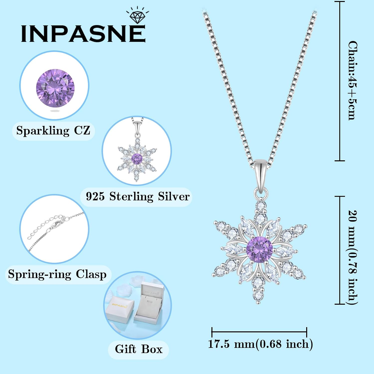 Snowflake Necklace for Women 925 Sterling Silver Christmas Pednant Necklace Birthstone Jewelry for Her