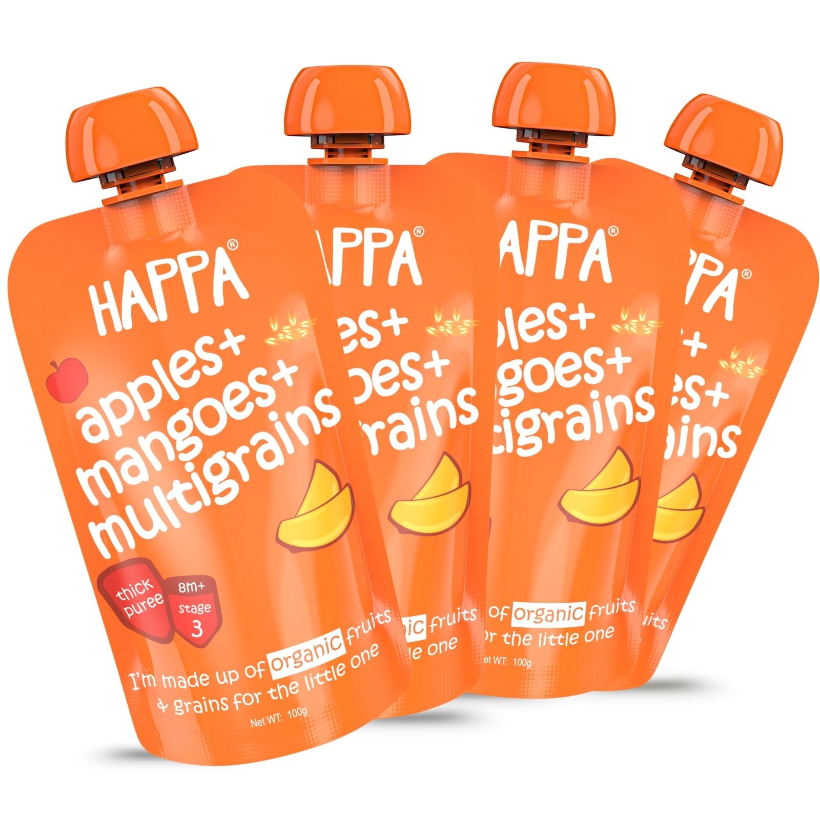 Happa Organic Food, Fruit Puree (Pack of 4, Apple + Mango + Multigrain) Stage 3, 4 Pouches, 100 Gram Each-image-47