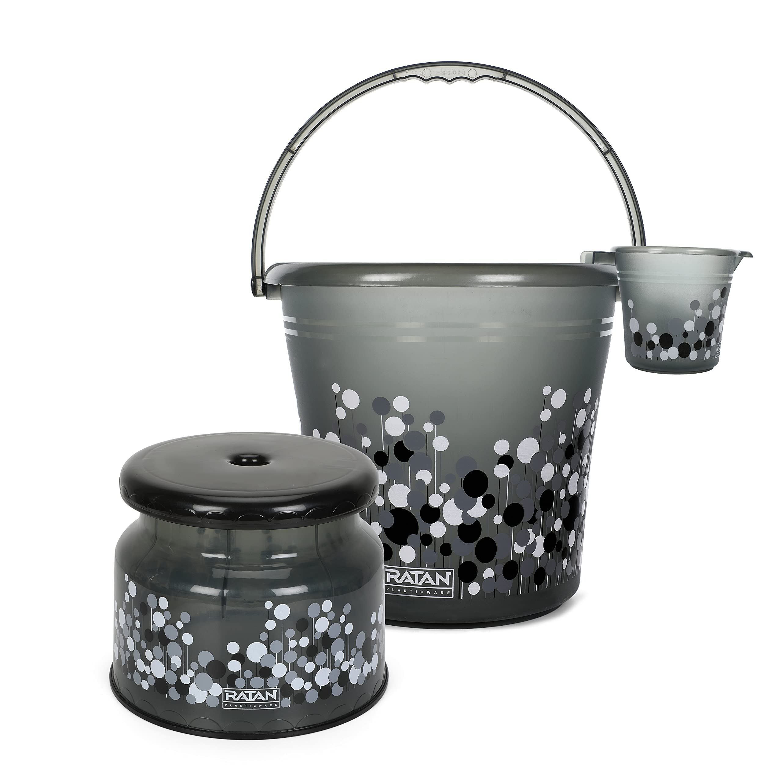 Sponsored Ad - Plastic Bathroom Set of 3 Combo with (16L Bucket X 1 / 1L Mug X 1 / Nova Patla Stool 107 X 1) Bath Set for Home, Kitchen- Frosty Bubble Print -Smokey