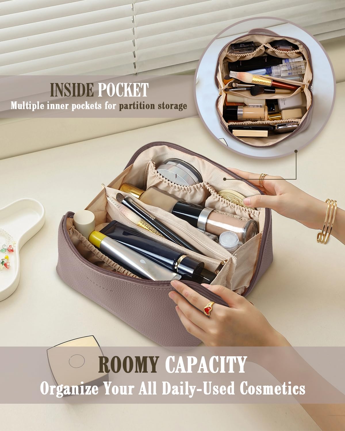 BATFIELD Borsa cosmetica da donna, borsa per trucchi in pelle PU litchi per donne, borsa da viaggio cosmetica di grande capacità, borsa portatile per kit di trucco con manico e divisore, borsa