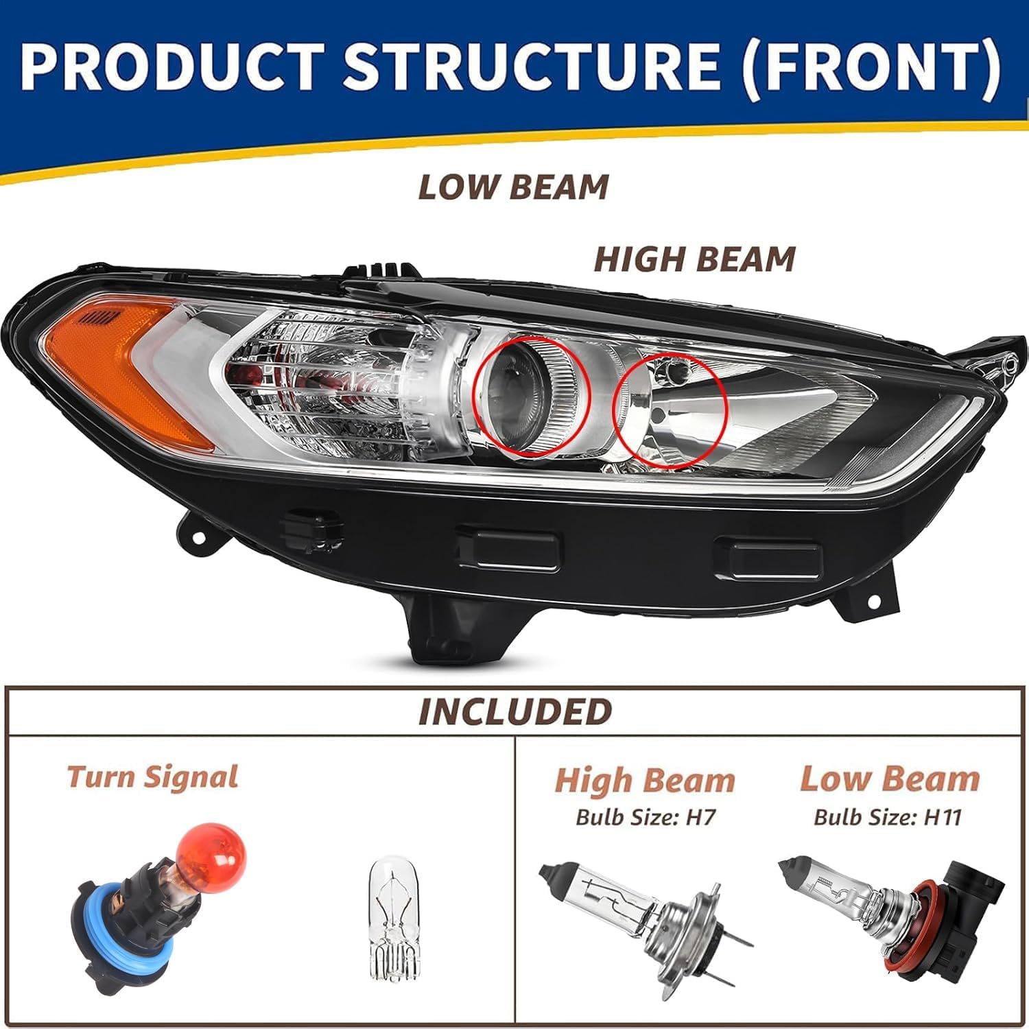 Headlights Assembly Pair with Bulbs for 2013 2014 2015 2016 Ford Fusion Halogen Projector Headlamps Head Lights Replacement Driver and Passenger Side,Chrome Housing Amber Reflector