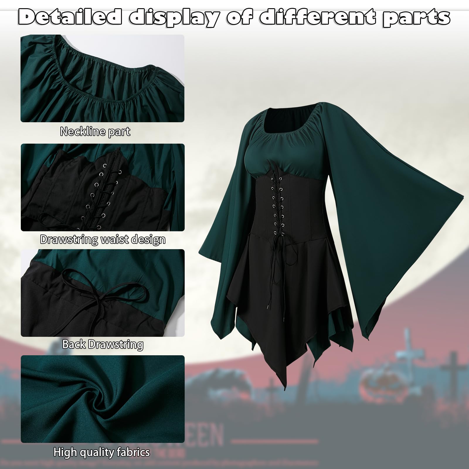 CNVAUIE Costume rinascimentale da donna, abito medievale con maniche a tromba gotico, maxi abito per carnevale, Halloween, feste
