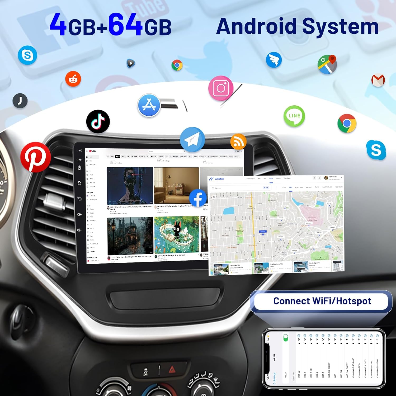 Car Stereo Radio for Jeep Cherokee 2013-2018, 4G+64G 10.1'' IPS Touch Screen with CarPlay & Android Auto, GPS Navigation, WiFi, AHD Backup Camera, Mirror Link, FM/RDS