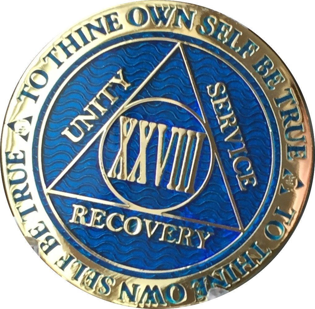 RecoveryChip 28 Year AA Medallion Dusty Blue Color Gold Plated Chip XXVIII