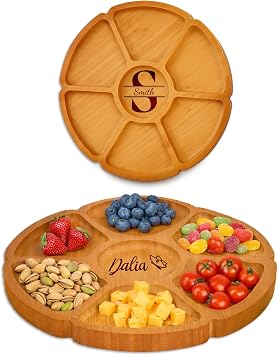 Personalized Bamboo Tray Custom Carved 11-Inch Petal Platter with 7 Dividers, Perfect for Snacks, Delicious Food, Parties, Weddings, Housewarmings, and Entertainment Gifts