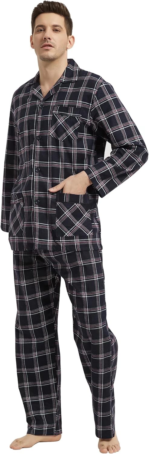 amaxer Men's Flannel Pajamas Set Men's Home Fashion Pajamas with Pockets and Drawstring 100% Cotton Soft Pjs for Men - Image 3