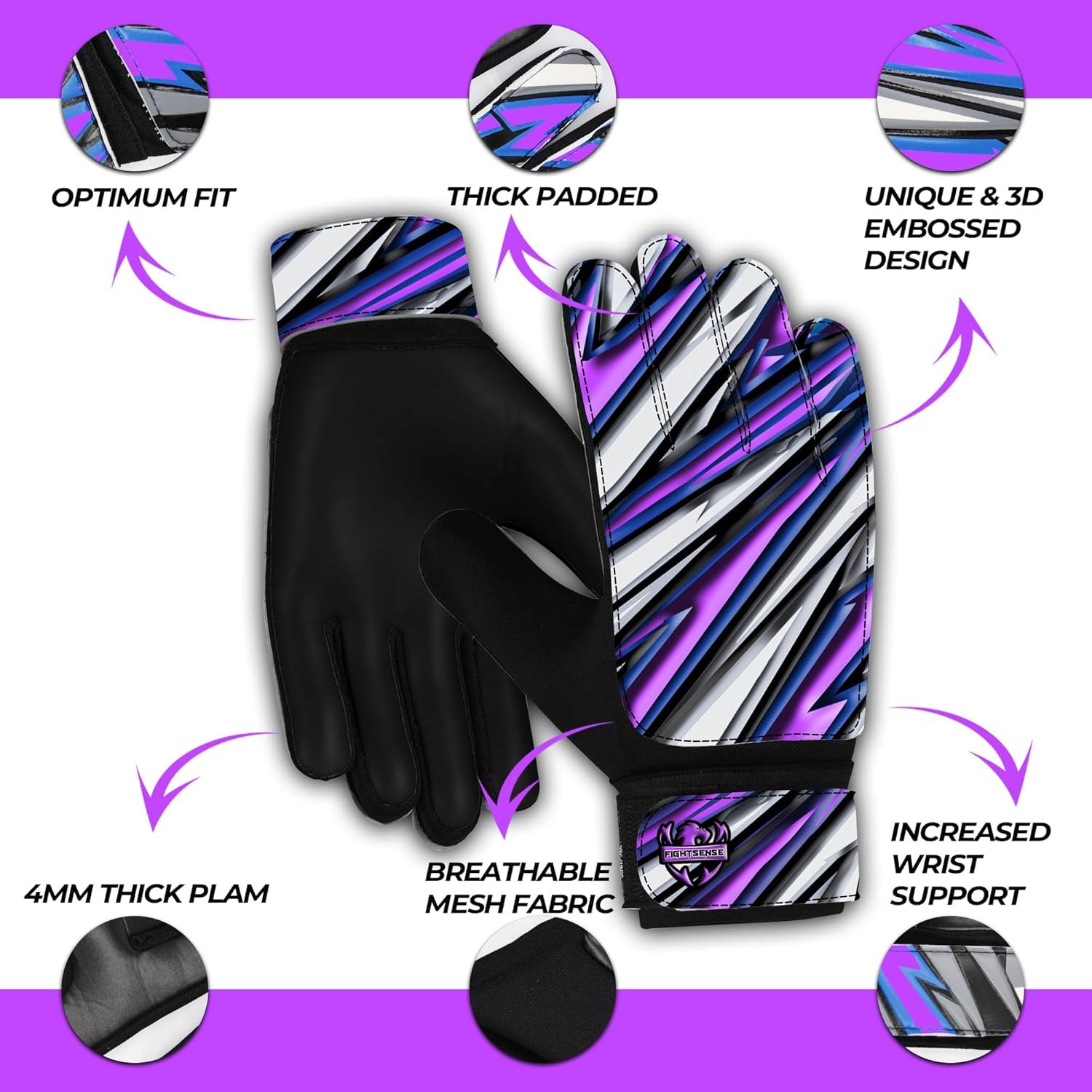 FIGHTSENSE Soccer Goalie Gloves for Kids Youth Boys,Football Goalkeeper Gloves,5mm Latex Palm,Breathable,Anti-Slip Strong Grip,Double Wrist Protection (Purple, Size 6 Suitable for 13-15 Years)