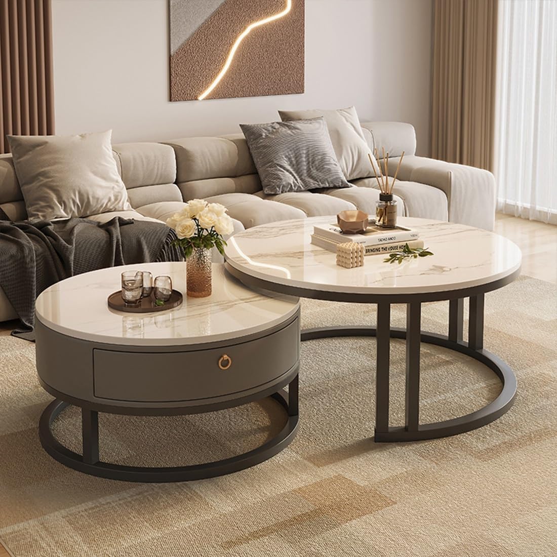 Nesting Coffee Table Set of 2, Storage Tea Eating Tables for Living Room Farm House Center Couch Tablw, Coffee Tables with Storage for Apartment,Bedroom,Living Room, Balcony, Office