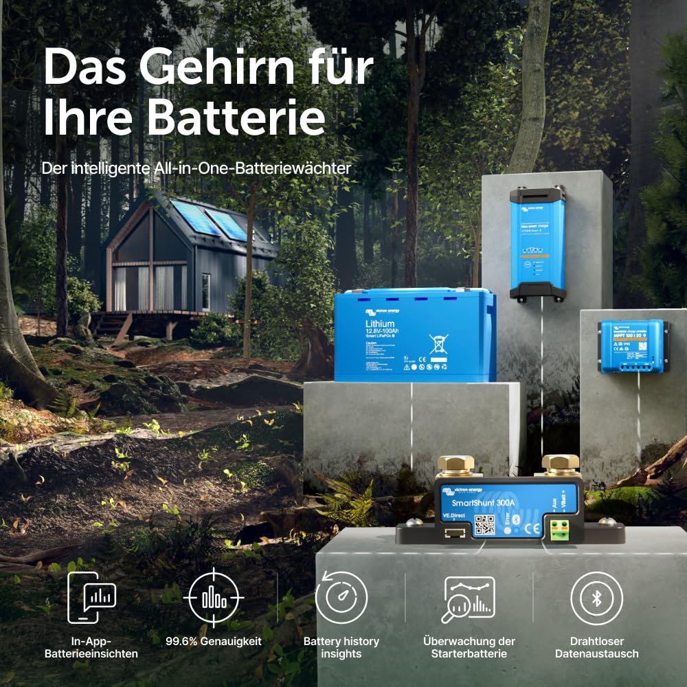 Victron Energy SmartShunt 300A - 50mV - Smart Shunt Batteriewächter (Bluetooth) | Victron Bluetooth Smart Shunt mit detaillierten In-App-Insights