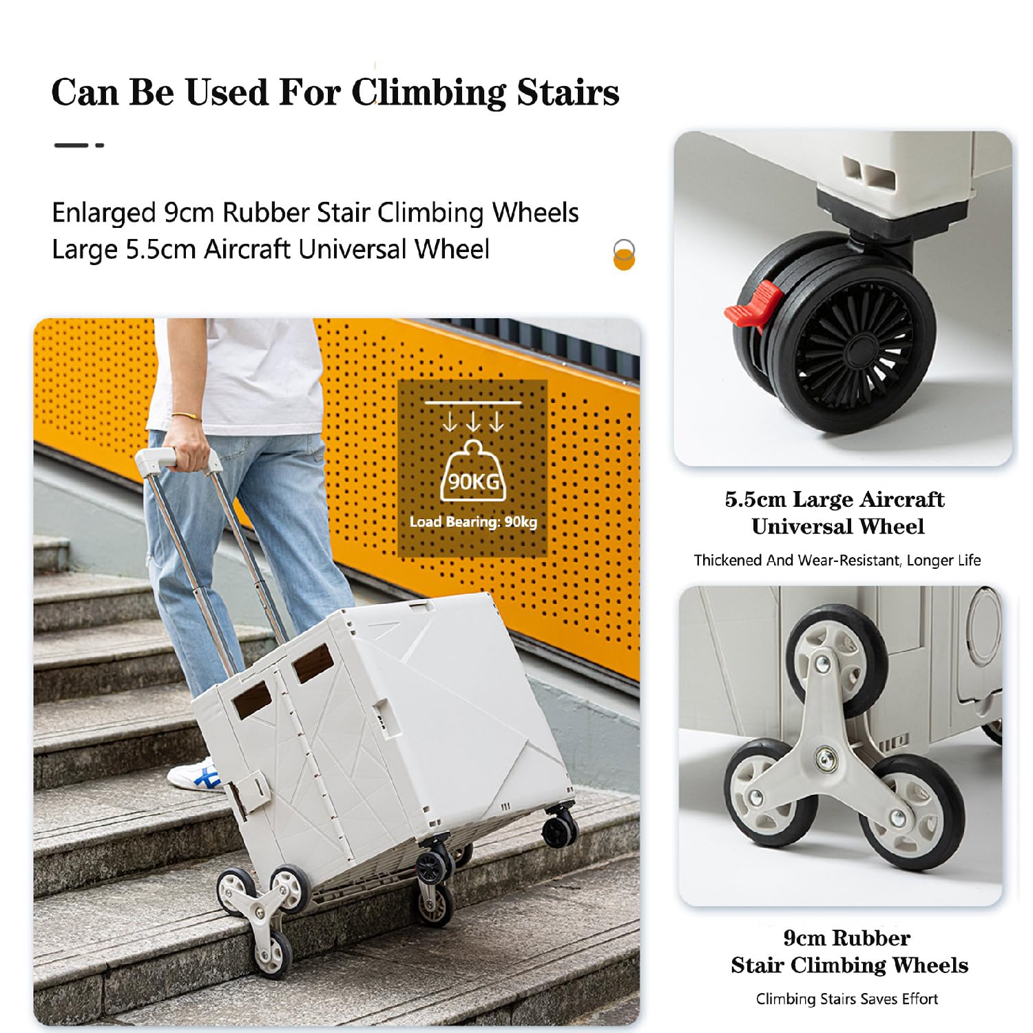 Carrello portaoggetti Pieghevole Beige con Ruote per Salire Le Scale - Cassa portaoggetti da 70 Litri per Viaggi, Shopping, traslochi e Ufficio - Maniglia telescopica per Una Facile manovrab