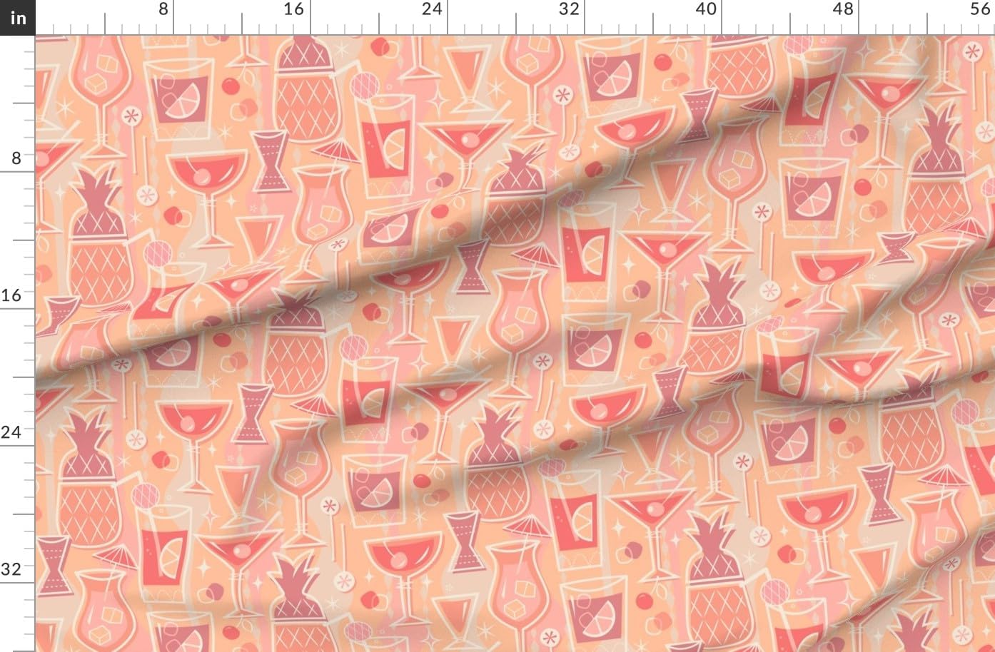 Spoonflower Fabric - Mid Century Retro Cocktails Peach 2024 Color of The Year Martini 1950S Printed on Denim Fabric Fat Quarter - Bottomweight Apparel Home Decor Upholstery