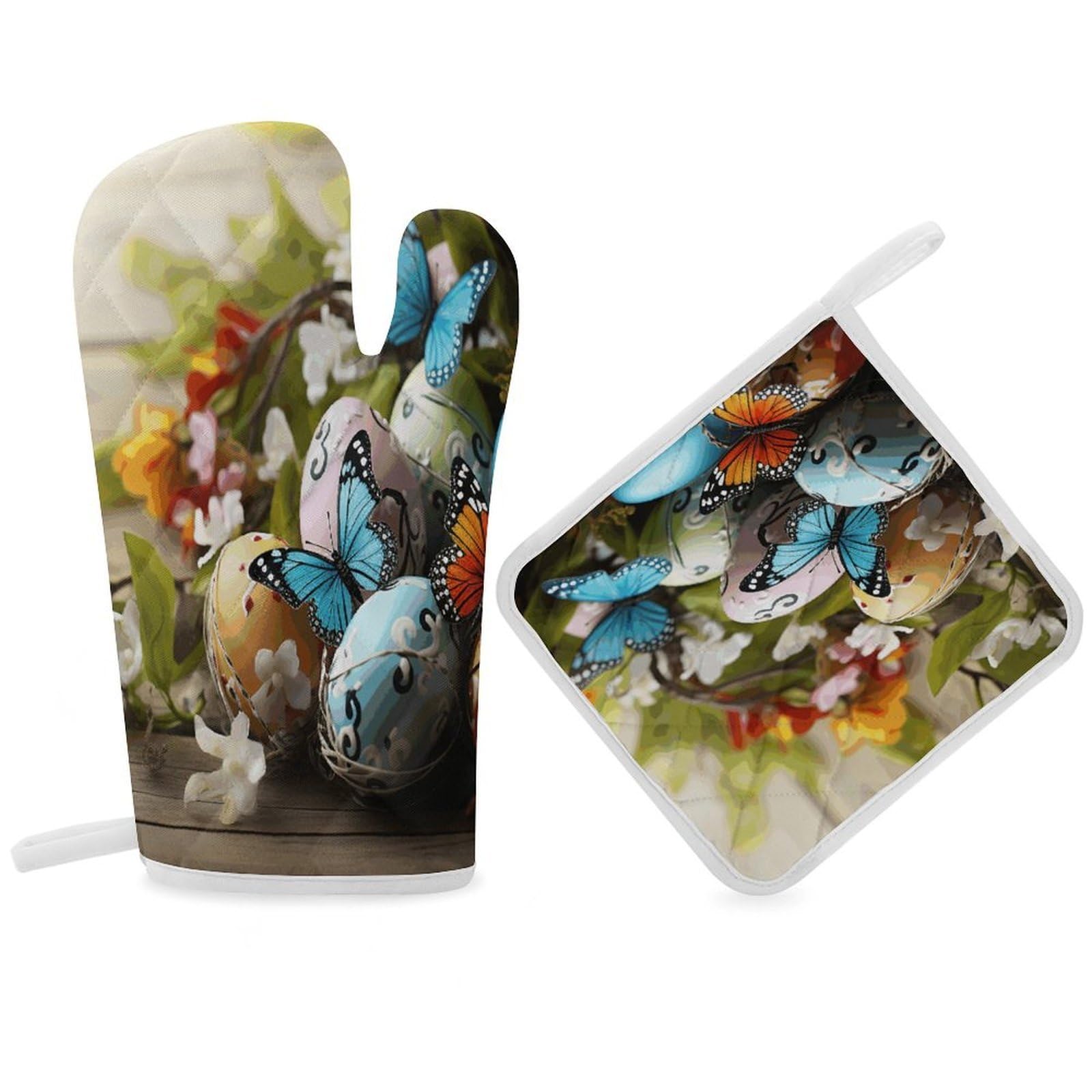Fodpand Women's Style Easter Eggs With Butterfly Oven Mitts And Pot Holders Sets,Oven Gloves For Kitchen Oven Mitts And Potholders For Baking Cooking Grilling Apartment Essentials