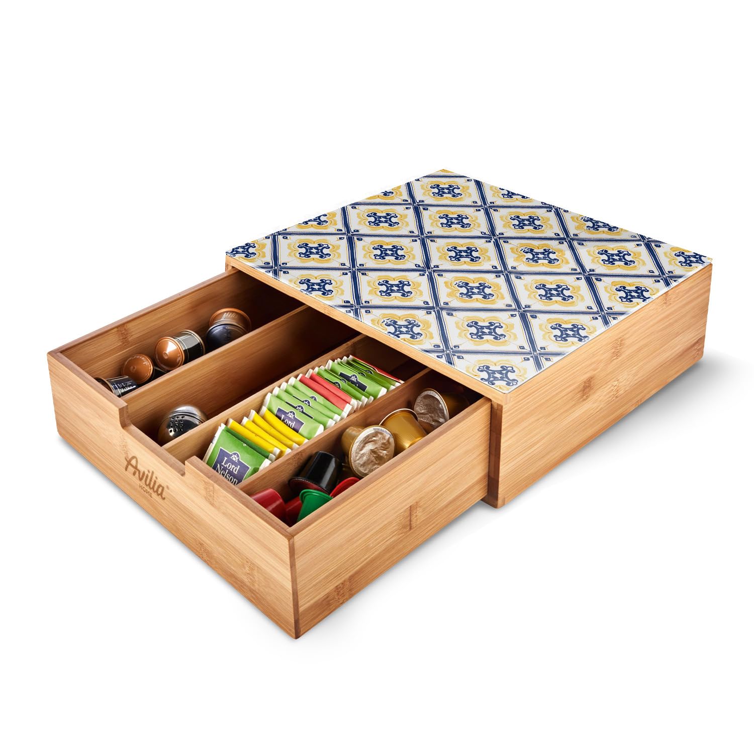 Avilia - Porta Cialde Caffè e Porta Capsule in Bambù con Ripiano in Vetro Maioliche di Sorrento, Organizer per Angolo Caffè e Tè 30x30x10cm, Elegante e Compatto per Casa e Ufficio