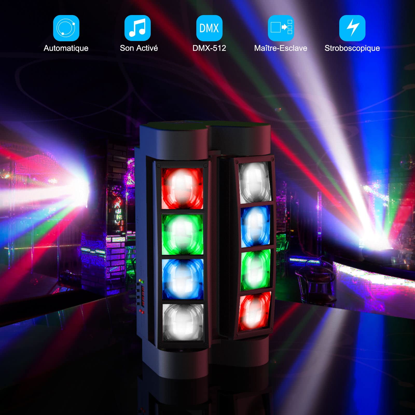 BETOPPER Lyre LED Jeux de Lumière Soirée DJ RGBW Lumière Disco Professionnel 45 W DMX Tête Mobile Eclairage Scène 7/15CH Lampe Soiree Activée Son Couleur Projecteur de Soirée Club Bar Danse Fête 2P