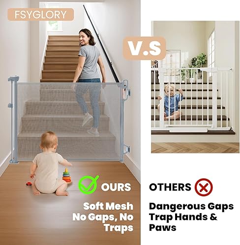 Miniatura 7 de Puerta retráctil para bebé, puerta de seguridad de malla de 55 pulgadas de ancho para bebés y mascotas, 34 pulgadas de alto, fácil de usar con una