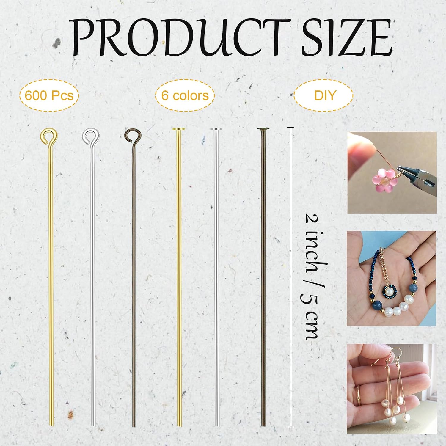 600 Pcs Flat Head Pins Eye Pins for Jewelry Making Supplies DIY, Straight Metal Pins for Craft Earring Findings(Multi Color, 2 Inch)