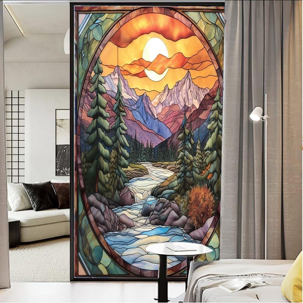 Beautiful Mountain Forest Frosted Stained Glass Window Film Abstract Sunset Nature River Landscape Privacy Window Film Self-Adhesive Glass Sticker for Home Office Decorative 35.4Wx63L inch